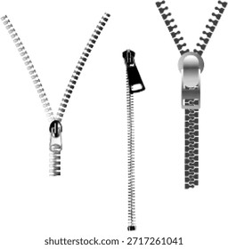 Conjunto de cremalleras con deslizadores en diferentes posiciones de ilustración de semitono en blanco y negro. Elementos de costura y fijación de moda para el diseño de prendas de vestir, la sastrería, la industria textil y el uso gráfico.