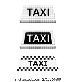 Conjunto de ilustración de semitono blanco y negro de letreros de techo de taxi con texto. colección de símbolo de transporte Urbana para viajes por la ciudad, servicio de taxi, App de navegación, señalización y Diseño gráfico.