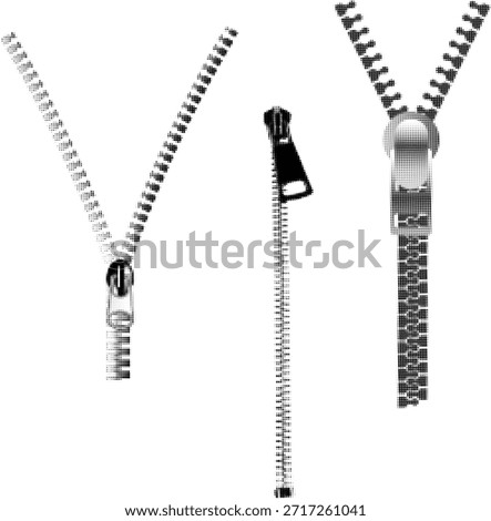 Black and white halftone illustration set of zippers with sliders in different positions. Sewing and fashion fastener elements for clothing design, tailoring, textile industry, and graphic use.