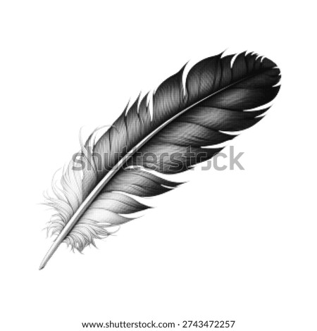 Black and white halftone illustration of single feather isolated on white background. Retro engraving style decorative plume symbol for writing and design concept.