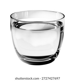 Schwarz-weiße Halbtondarstellung einer kleinen, mit Wasser gefüllten Glasschüssel, einzeln auf weißem Hintergrund. Minimalistischer Retro-Stil Stillleben Symbol für Reinheit, Einfachheit und flüssige Form.