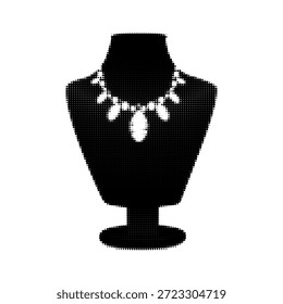Ilustración en semitono blanco y negro de un collar de declaración que se muestra en un busto de joyería. Concepto de lujo minimalista para accesorios de moda, elegancia, escaparate y diseño de marca premium.