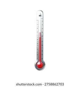 Black and white halftone illustration of thermometer with red level indicator, isolated on white background. Temperature measurement concept, medical and weather symbol.
