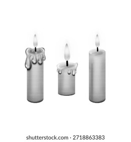 Black and white halftone illustration of three burning candles with melting wax. Minimal dotted graphic style, concept of light, spirituality, remembrance, ritual, calm mood and atmospheric decor.