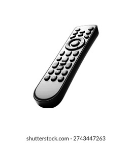 Black and white halftone illustration of TV remote control isolated on white background. Retro engraving style graphic of electronic device for home entertainment.