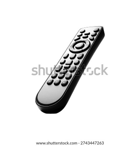 Black and white halftone illustration of TV remote control isolated on white background. Retro engraving style graphic of electronic device for home entertainment.