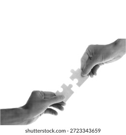Black and white halftone illustration of two hands connecting puzzle pieces. Minimalist concept of cooperation, partnership, solution, teamwork, and problem solving isolated on white.