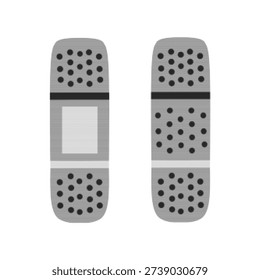 Black and white halftone illustration of two adhesive bandages with perforated pads. Medical plasters isolated on white background in vintage engraved style.