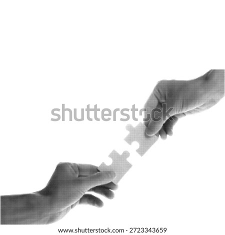 Black and white halftone illustration of two hands connecting puzzle pieces. Minimalist concept of cooperation, partnership, solution, teamwork, and problem solving isolated on white.