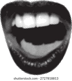 La Imagen de semitono blanco y negro captura una boca abierta con dientes y lengua claramente visibles en el estilo de arte gráfico
