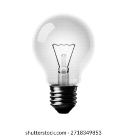 Schwarz-weißes Halbton-Glühbirnen-Symbol mit gepunkteter Textur. Retro-Illustration symbolisiert Idee, Innovation, Kreativität, Inspiration und Lösungskonzept im minimalen Vintage-Stil.