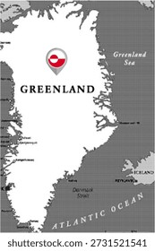 Schwarz-weiße Halbtonkarte von Grönland mit Lokationsstift und Nationalflaggenfarben. Minimale geografische Illustration, Reise-, Navigations- und Kartografiekonzept, einzeln auf Weiß.