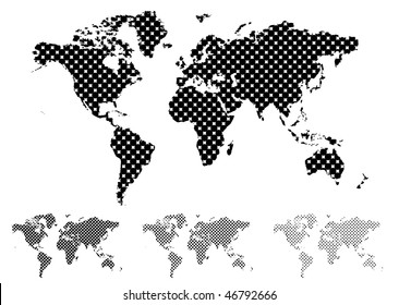 Mapa de medio tono blanco y negro del mundo con diferentes valores de matiz