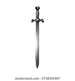Ilustración de espada medieval de semitono blanco y negro con textura punteada. Arma de Antiguas que simboliza el poder, la fuerza, el honor, la batalla y el concepto de fantasía en estilo retro clásico.