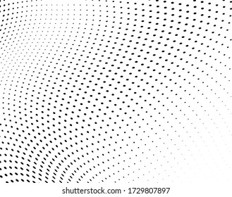 Black and white halftone. Monochrome texture of dots. Waves from points abstract background