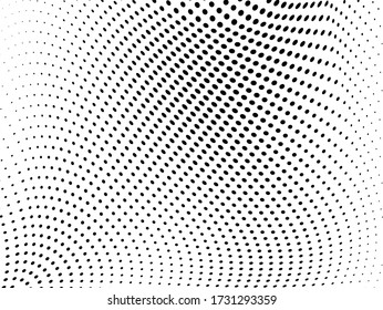 Black and white halftone. Monochrome texture of dots. Waves from points abstract background