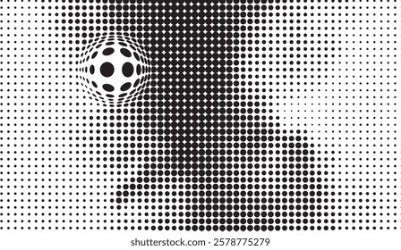 Black and white halftone pattern with a 3D sphere distortion creating a dynamic optical illusion and abstract textural background,