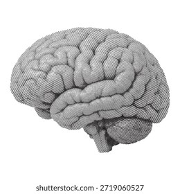 Ilustración de patrón de semitono en blanco y negro de un cerebro humano visto desde un lado. Esta representación artística destaca los intrincados pliegues y surcos de la corteza cerebral, ofreciendo una perspectiva detallada.