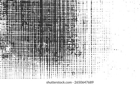 Black and white halftone pattern with irregular grid lines fading into dots. Monochromatic texture with a subtle grunge effect.