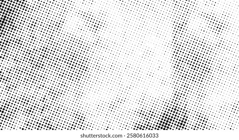 Black and white halftone polka dot wave pattern, grunge overlay pixel backdrop and technology background with paint brush stroke effect, paper texture and grain in comic style. Halftone dot background