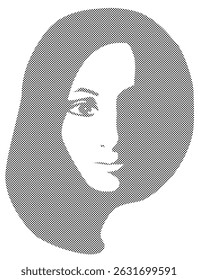 Retrato de semitono blanco y negro de una mujer joven con el pelo largo. Dibujo.