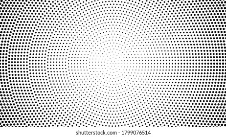 Black and white halftone radial pattern. Abstract dotted vector background.