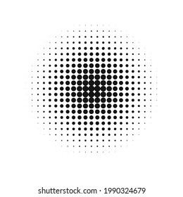 Black and white halftone radial pattern. Abstract dotty vector background.