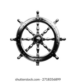 Black and white halftone ship steering wheel illustration with dotted texture. Vintage maritime symbol representing navigation, leadership, direction and sea travel concept.