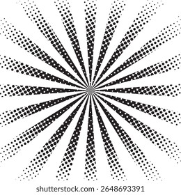 Fundo de raios de sol de meio-tom preto e branco. fundo de pontos de meio-tom abstrato preto. fundo de quadrinhos pop art. raios de sol cartaz de meio-tom