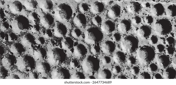 Black and white halftone texture with an uneven surface and round dents. Abstract, rough pattern with dotted elements creating depth, contrast, and visual noise
