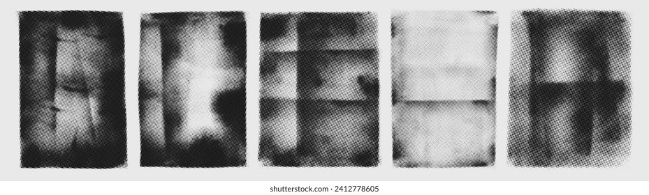 Black and white halftone textured posters collection. Grunge brush strokes and scratches. Fold paper templates. Old overlay texture set with effect damaged, grunge, creases. Hand drawn abstract poster