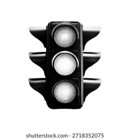 Black and white halftone traffic light icon with dotted texture. Minimal retro illustration symbolizing road safety, control, signal and urban transportation concept.