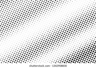 Black and white halftone vector background. Diagonal dot gradient. Contrast dotwork surface.  Rough dotted halftone. Retro halftone overlay. Vintage distressed effect. Monochrome perforated texture