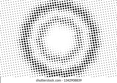 Black and white halftone vector background. Round dot gradient. Rough dotwork surface. Faded dotted halftone. Retro halftone overlay. Vintage distressed effect. Monochrome perforated texture