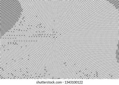 Black and white halftone vector background. Grungy gradient on rough dotwork texture. Distorted dotted halftone. Retro halftone overlay. Vintage distressed effect. Monochrome perforated texture