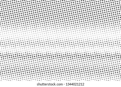 Black and white halftone vector background. Horizontal gradient on dotwork texture. Rough dotted pattern. Monochrome dotted vector background. Retro halftone overlay. Vintage distressed effect