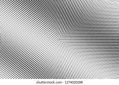 Black and white halftone vector. Diagonal dotted gradient. Vintage centered texture. Retro style overlay with ink dot ornament. Monochrome halftone background. Perforated surface for cartoon design