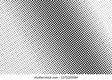 Black and white halftone vector. Diagonal dotted gradient. Frequent dotwork texture. Retro overlay with ink dot ornament. Monochrome halftone background. Perforated surface for vintage cartoon design