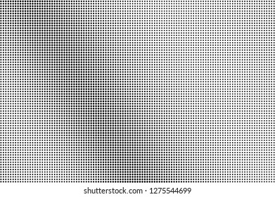 Black and white halftone vector. Diagonal dotted gradient. Subtle dotwork surface. Vintage overlay textured with ink dots. Monochrome halftone background. Perforated texture for retro graphic