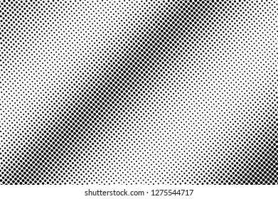 Black and white halftone vector. Diagonal dotted gradient. Contrast dotwork surface. Vintage overlay textured with ink dots. Monochrome halftone background. Perforated texture for retro graphic