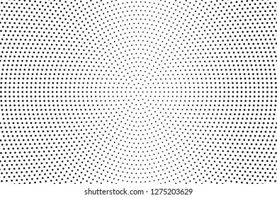Black and white halftone vector. Faded dotted gradient. Centered dotwork texture. Retro overlay with ink dot ornament. Monochrome halftone background. Perforated surface for vintage cartoon design