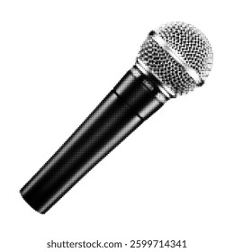 Black and white halftone vector illustration of a microphone. The minimalist design emphasizes sound technology, perfect for audio, music, and podcast-related projects.