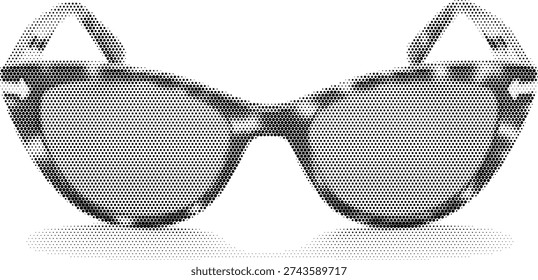Black and white halftone vector illustration of retro sunglasses with radiant frame in vintage pop art fashion eyewear accessory style for poster print and graphic design.