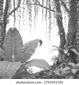 Black and white halftone vector illustration of a tropical jungle with palm trees in vintage nature style. Monochrome dotted stippled texture design of an exotic forest landscape perfect for poster print and nature themed graphic design.