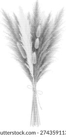 Black and white halftone vector illustration of wheat stalks in vintage agricultural botanical style. Monochrome dotted stippled texture design of grain harvest perfect for poster print and nature themed graphic design projects. Retro grainy artwork.