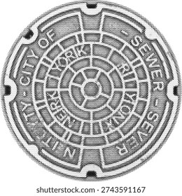 Black and white halftone vector illustration of a manhole cover in urban street style. Monochrome dotted pattern design of a geometric circular sewer grate perfect for poster print and graphic design. Retro vintage stippled grainy texture artwork.