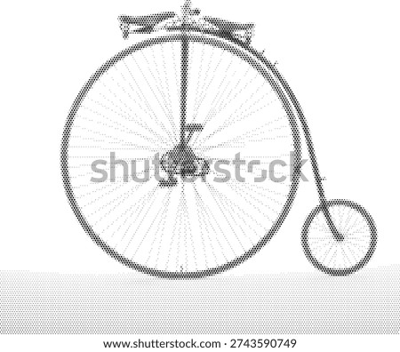 Black and white halftone vector illustration of a penny farthing bicycle in retro vintage Victorian style. Monochrome dotted stippled texture design of a classic high wheel bike perfect for poster print and transportation themed graphic design.