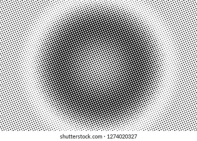 Black and white halftone vector. Round dotted gradient. Contrast vintage texture. Retro style overlay with ink dot ornament. Monochrome halftone background. Perforated surface for cartoon design