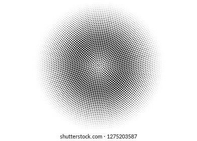 Black and white halftone vector. Round dotted gradient. Centered dotwork texture. Retro overlay with ink dot ornament. Monochrome halftone background. Perforated surface for vintage cartoon design