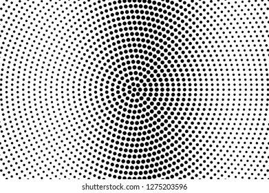 Black and white halftone vector. Round dotted gradient. Grungy dotwork texture. Retro overlay with ink dot ornament. Monochrome halftone background. Perforated surface for vintage cartoon design